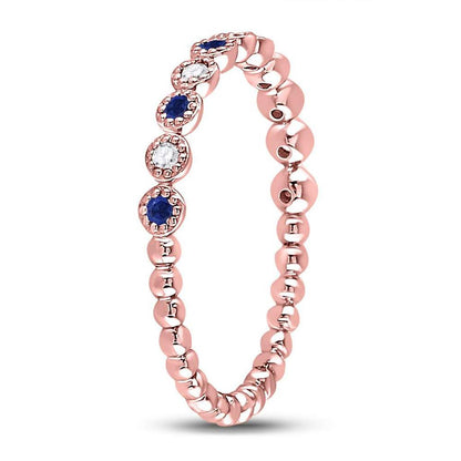 10kt Rose Gold Round Blue Sapphire Diamond Beaded Dot Stackable Band Ring 1/6 Cttw