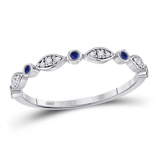 14k White Gold Round Blue Sapphire Diamond Stackable Band Ring 1/10 Cttw