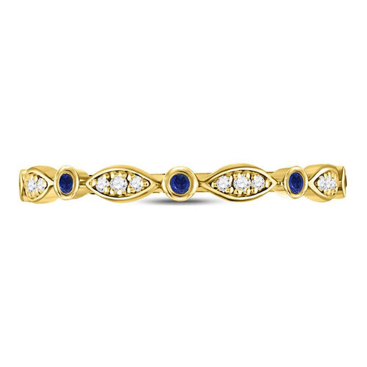 10k Yellow Gold Round Blue Sapphire Diamond Stackable Band Ring 1/10 Cttw