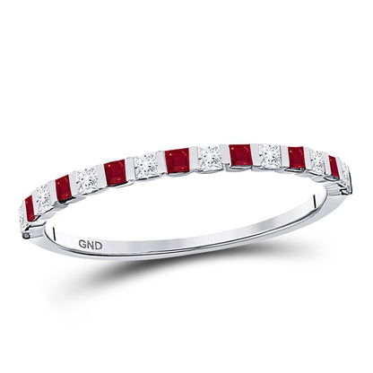 14k White Gold Princess Ruby Diamond Alternating Stackable Band Ring 3/8 Cttw