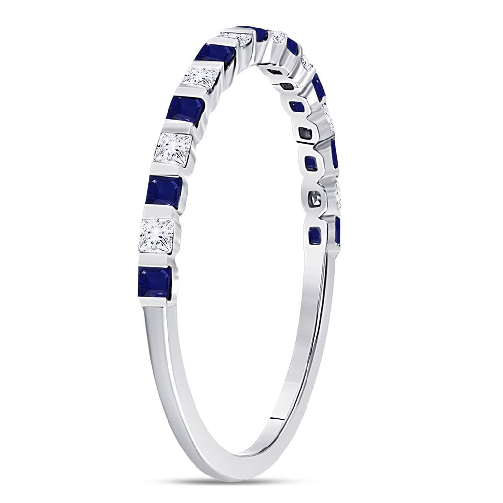 14k White Gold Princess Blue Sapphire Diamond Stackable Band Ring 3/8 Cttw