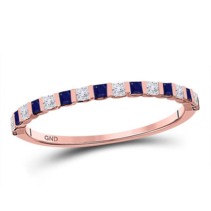 10k Rose Gold Princess Blue Sapphire Diamond Stackable Band Ring 3/8 Cttw