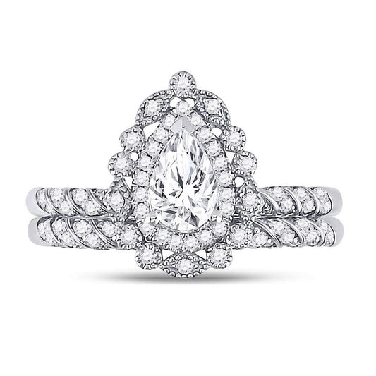 14k White Gold Pear Diamond Milgrain Bridal Wedding Ring Set 1-1/3 Cttw (Certified)