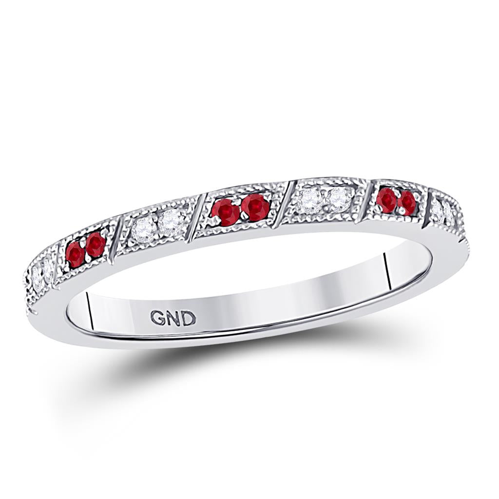 14k White Gold Round Ruby Diamond Milgrain Stackable Band Ring 1/4 Cttw