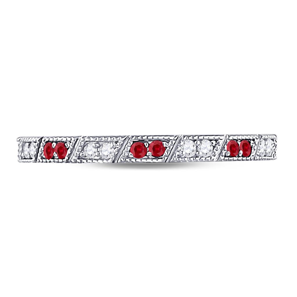 14k White Gold Round Ruby Diamond Milgrain Stackable Band Ring 1/4 Cttw