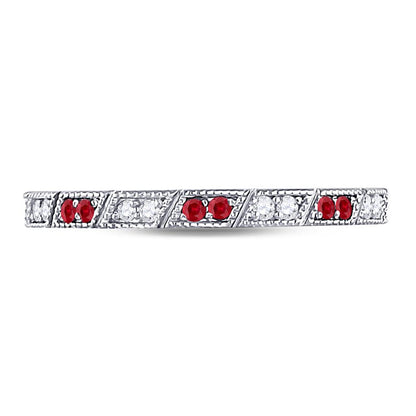 14k White Gold Round Ruby Diamond Milgrain Stackable Band Ring 1/4 Cttw