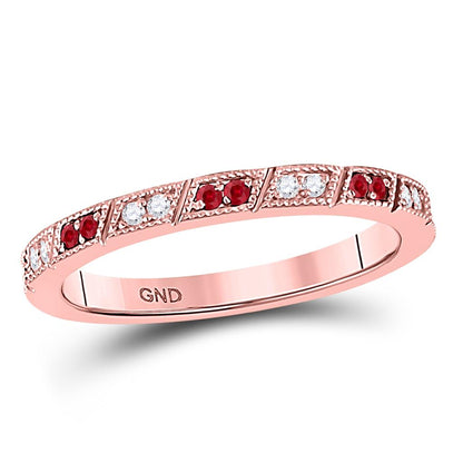 10k Rose Gold Round Ruby Diamond Milgrain Stackable Band Ring 1/4 Cttw