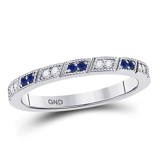 14k White Gold Round Blue Sapphire Diamond Milgrain Stackable Band Ring 1/4 Cttw