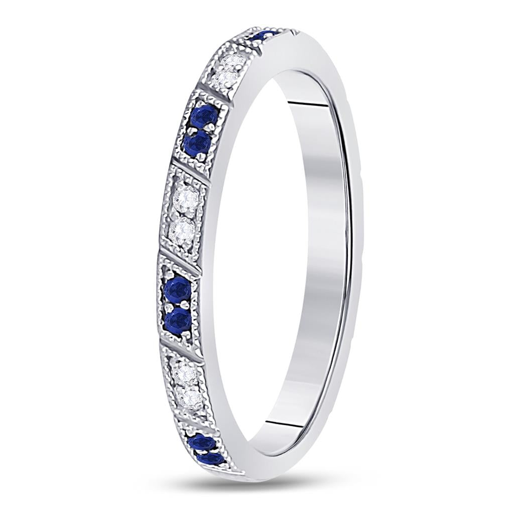 14k White Gold Round Blue Sapphire Diamond Milgrain Stackable Band Ring 1/4 Cttw