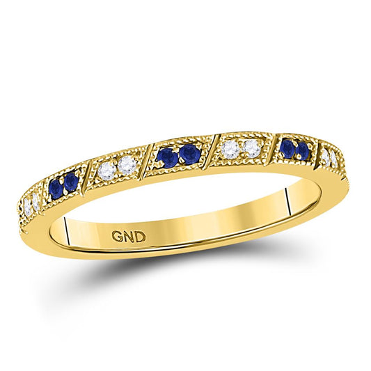 10k Yellow Gold Round Blue Sapphire Diamond Milgrain Stackable Band Ring 1/4 Cttw