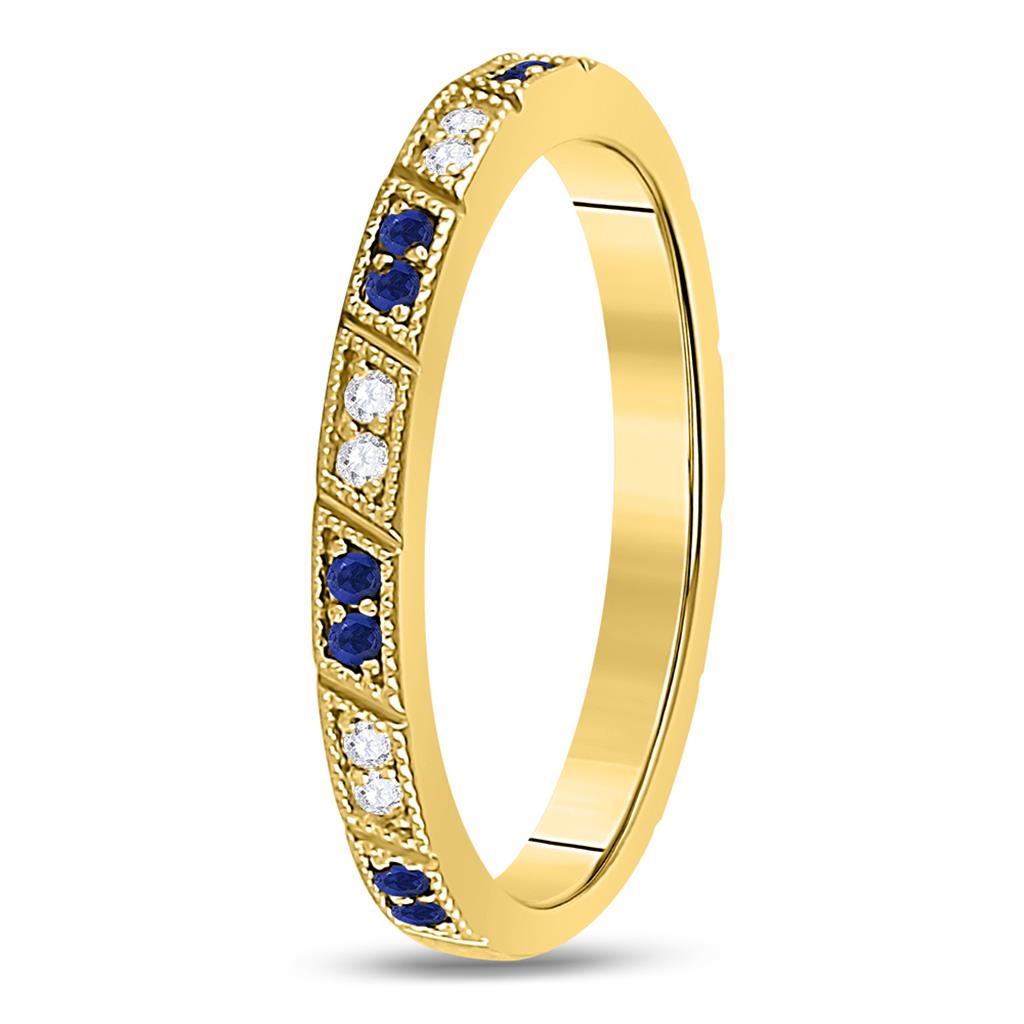 10k Yellow Gold Round Blue Sapphire Diamond Milgrain Stackable Band Ring 1/4 Cttw