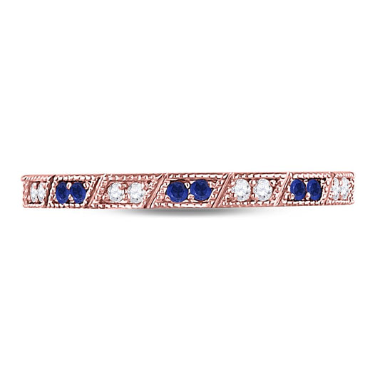 10k Rose Gold Round Blue Sapphire Diamond Milgrain Stackable Band Ring 1/4 Cttw