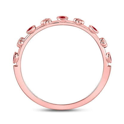 10kt Rose Gold Round Ruby Dot Flower Stackable Band Ring 1/12 Cttw