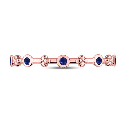 10kt Rose Gold Round Blue Sapphire Dot Flower Stackable Band Ring 1/12 Cttw