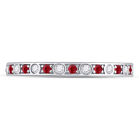 14k White Gold Round Ruby Diamond Single Row Stackable Band Ring 1/3 Cttw