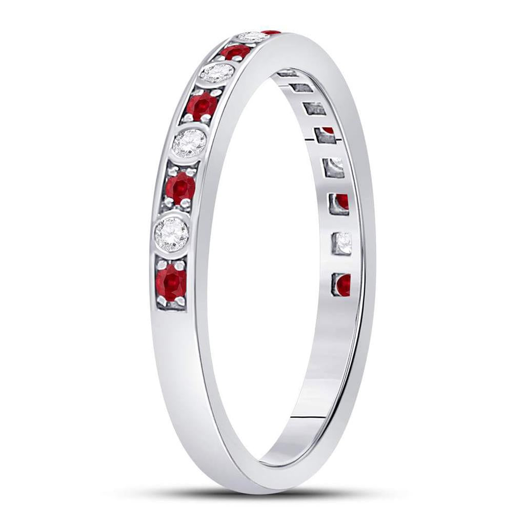 14k White Gold Round Ruby Diamond Single Row Stackable Band Ring 1/3 Cttw