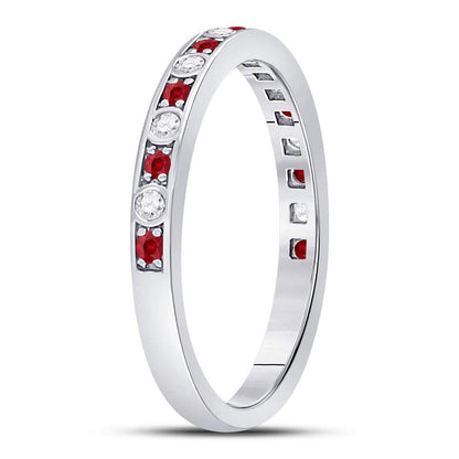 14k White Gold Round Ruby Diamond Single Row Stackable Band Ring 1/3 Cttw