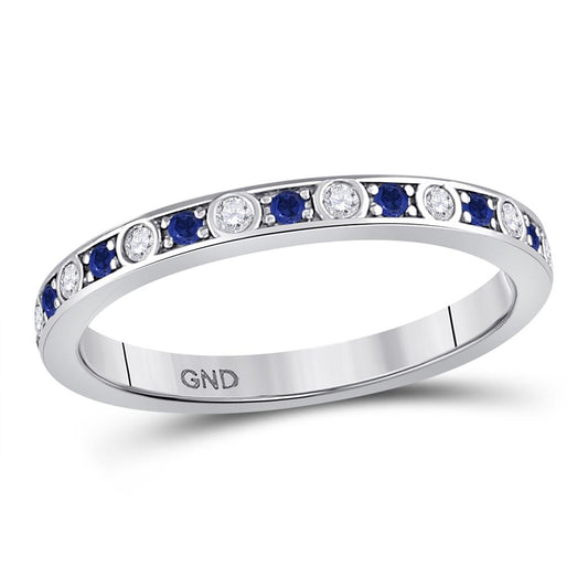 14k White Gold Round Blue Sapphire Diamond Alternating Stackable Band Ring 1/4 Cttw