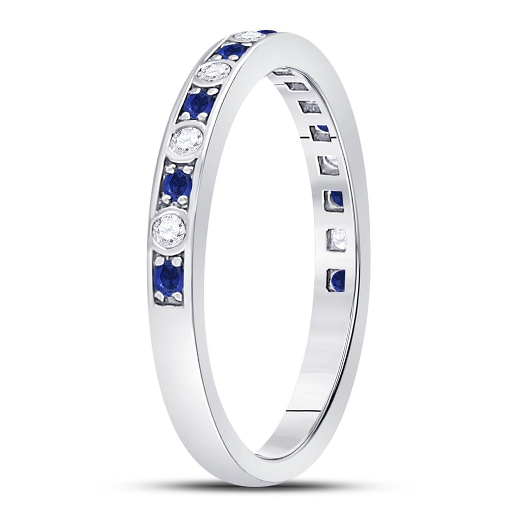 14k White Gold Round Blue Sapphire Diamond Alternating Stackable Band Ring 1/4 Cttw