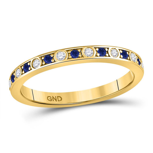 10k Yellow Gold Round Blue Sapphire Diamond Alternating Stackable Band Ring 1/4 Cttw