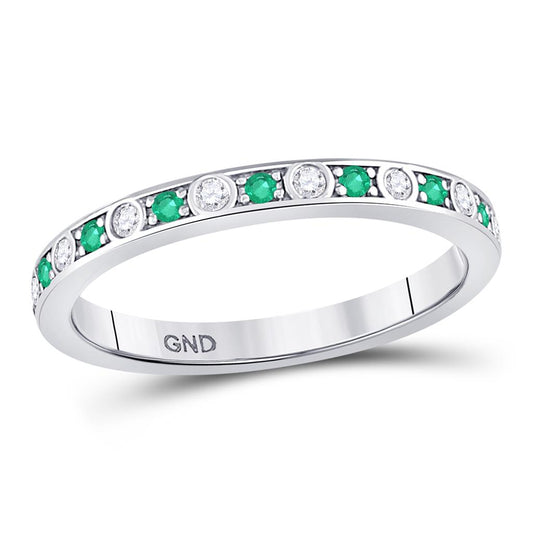 14k White Gold Round Emerald Diamond Alternating Stackable Band Ring 1/4 Cttw