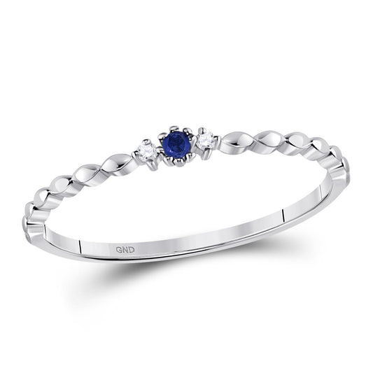 14k White Gold Round Blue Sapphire Diamond Stackable Band Ring .03 Cttw