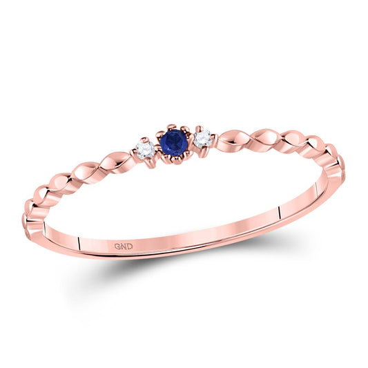 10k Rose Gold Round Blue Sapphire Diamond Stackable Band Ring .03 Cttw