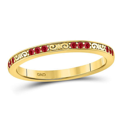 10kt Yellow Gold Round Ruby Single Row Flourished Stackable Band Ring 1/8 Cttw