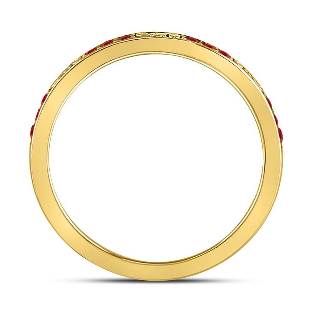 10kt Yellow Gold Round Ruby Single Row Flourished Stackable Band Ring 1/8 Cttw
