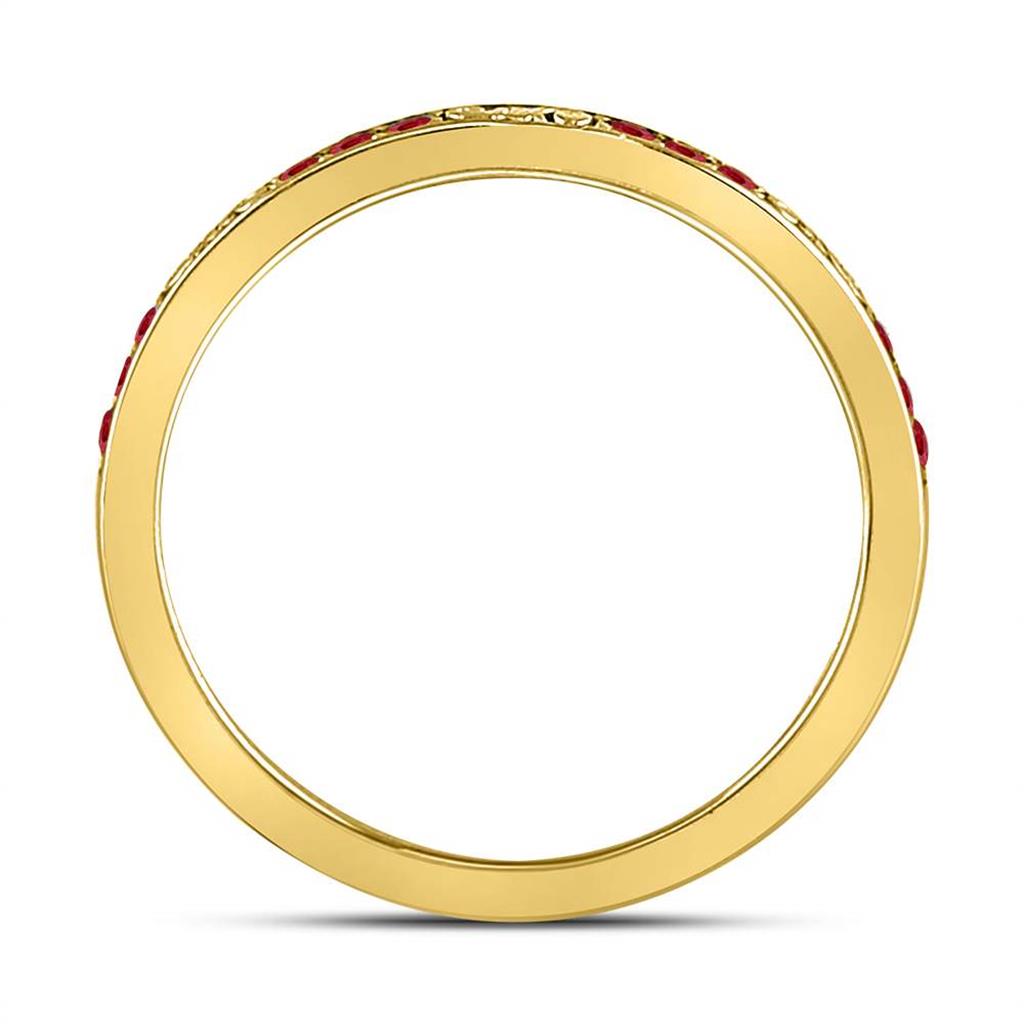 10kt Yellow Gold Round Ruby Single Row Flourished Stackable Band Ring 1/8 Cttw