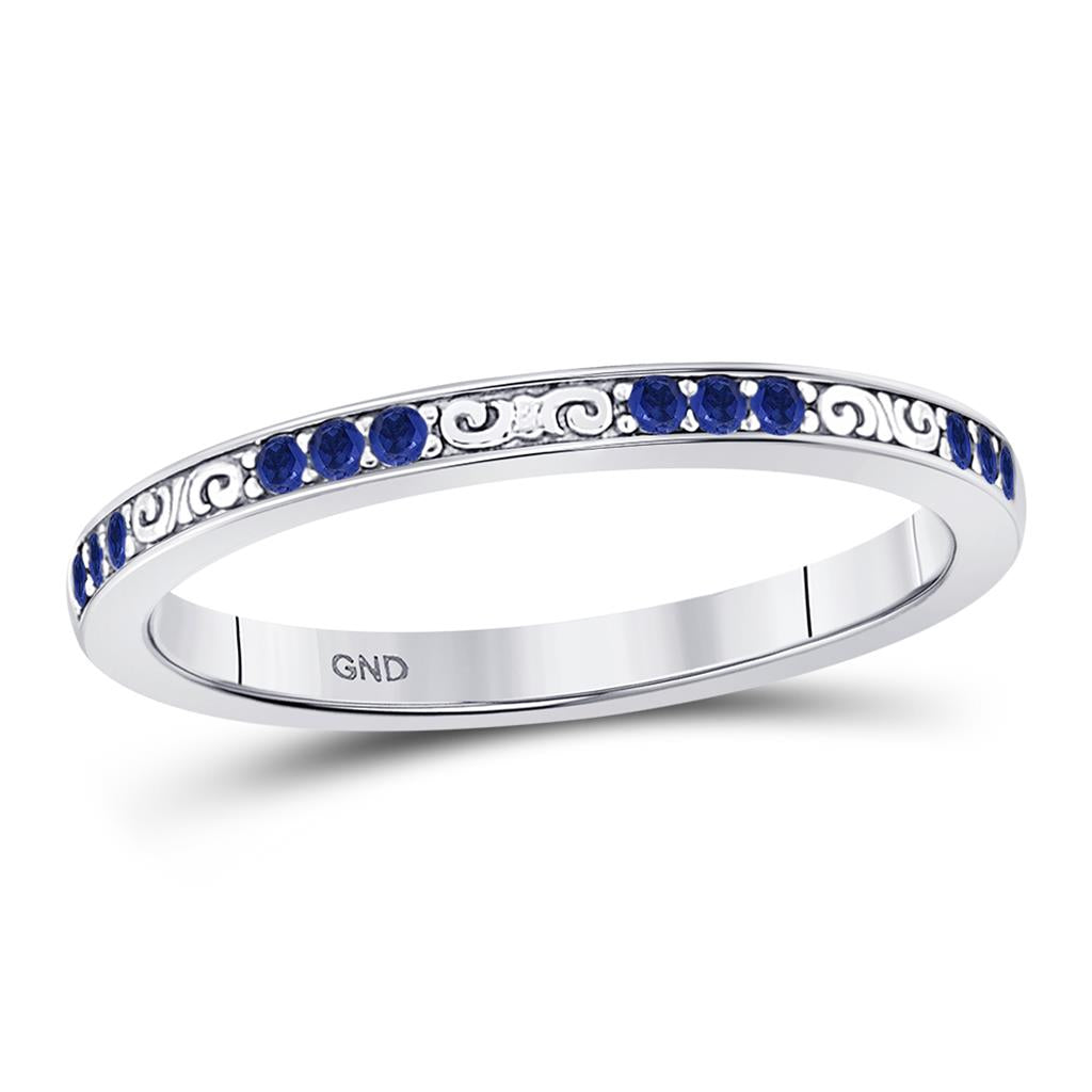 14k White Gold Round Blue Sapphire Flourished Stackable Band Ring 1/6 Cttw