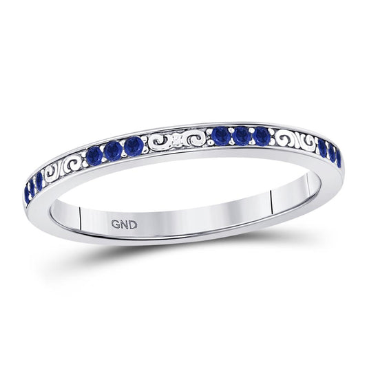 14k White Gold Round Blue Sapphire Flourished Stackable Band Ring 1/6 Cttw