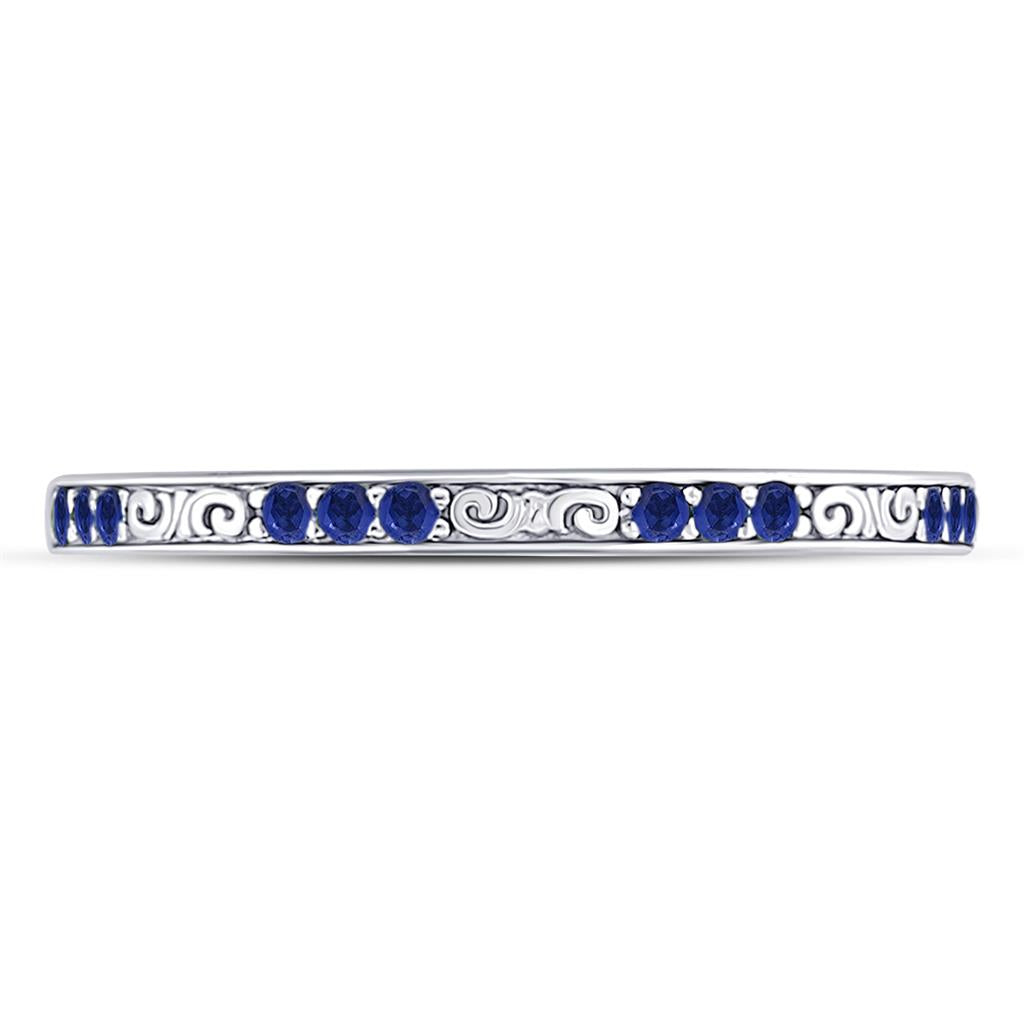 14k White Gold Round Blue Sapphire Flourished Stackable Band Ring 1/6 Cttw
