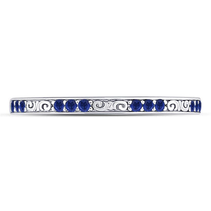 14k White Gold Round Blue Sapphire Flourished Stackable Band Ring 1/6 Cttw