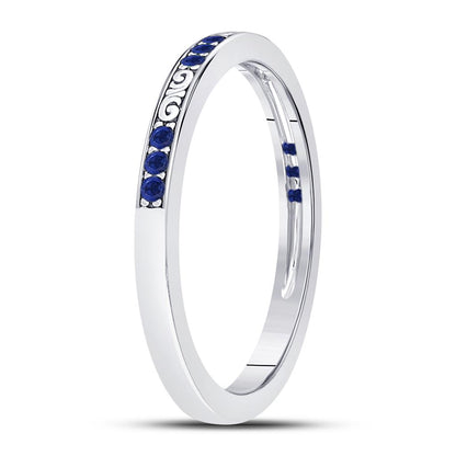 14k White Gold Round Blue Sapphire Flourished Stackable Band Ring 1/6 Cttw