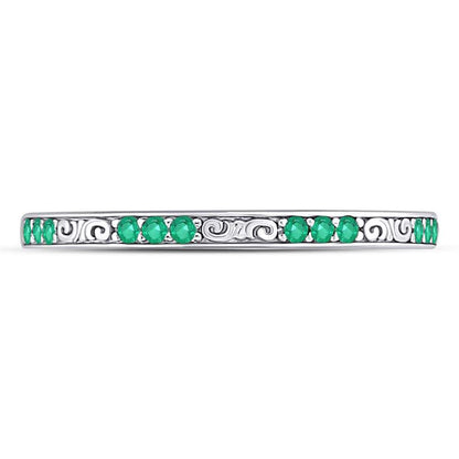 14kt White Gold Round Emerald Single Row Flourished Stackable Band Ring 1/8 Cttw