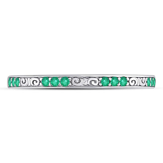14kt White Gold Round Emerald Single Row Flourished Stackable Band Ring 1/8 Cttw
