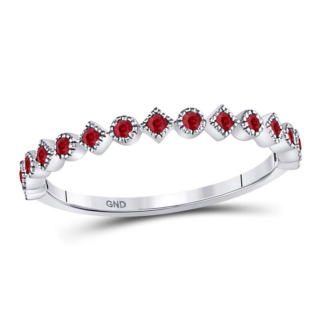 14kt White Gold Round Ruby Square Dot Stackable Band Ring 1/5 Cttw