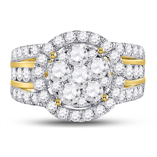 14k Yellow Gold Round Diamond Cluster Bridal Engagement Ring 3 Cttw