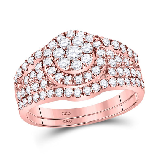 14k Rose Gold Round Diamond Flower Cluster Bridal Wedding Ring Set 1 Cttw
