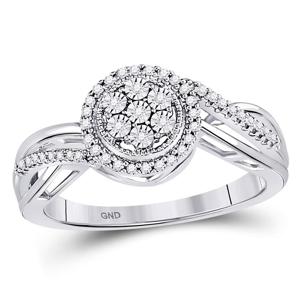 14k White Gold Round Diamond Flower Cluster Ring 1/6 Cttw