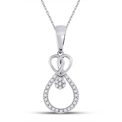 14kt White Gold Round Diamond Heart Teardrop Cluster Pendant 1/10 Cttw