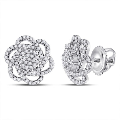 14kt White Gold Round Diamond Pinwheel Cluster Earrings 3/8 Cttw