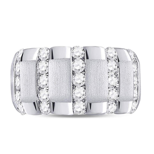 14k White Gold Round Diamond Striped Matte Wedding Band Ring 1-1/2 Cttw