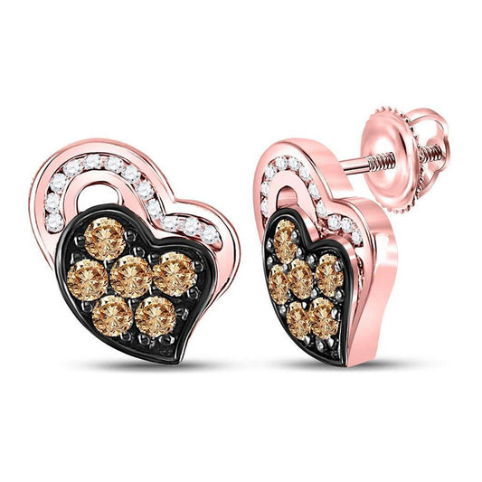 10k Rose Gold Round Brown Diamond Heart Stud Earrings 3/8 Cttw