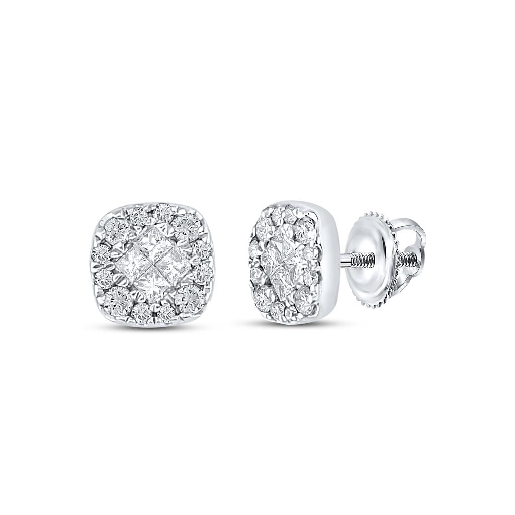 14k White Gold Princess Round Diamond Square Cluster Earrings 1/4 Cttw