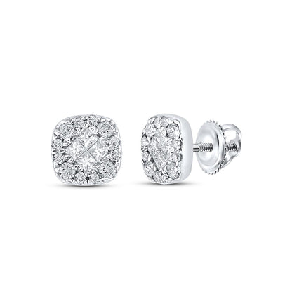 14k White Gold Princess Round Diamond Square Cluster Earrings 1/4 Cttw