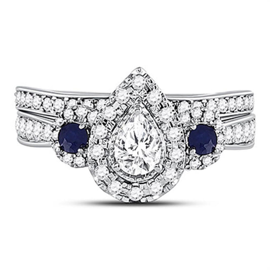 14k White Gold Pear Diamond Bridal Wedding Ring Set 7/8 Cttw (Certified)