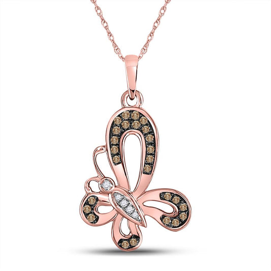 10k Rose Gold Round Brown Diamond Butterfly Bug Pendant 1/5 Cttw