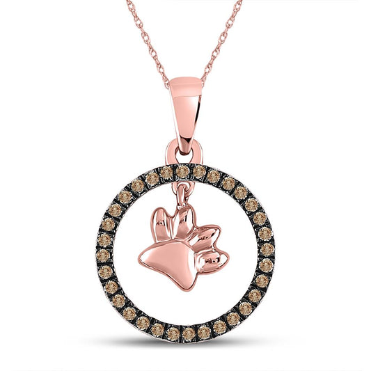 10k Rose Gold Round Brown Diamond Dog Paw Print Circle Pendant 1/5 Cttw